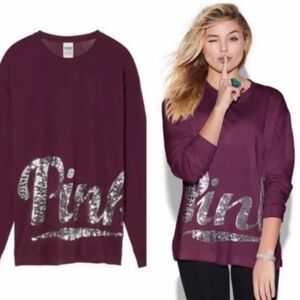 PINK VS Bling Silver Sequins Logo Long Sleeve Tee Shirt Black Orchid